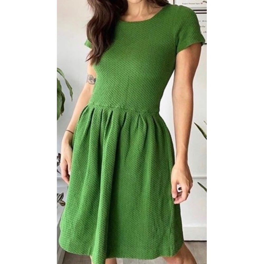Ganni Textured‎ Mini Dress Womens XS Green Short Sleeve Pleated Fit Flare Scandi